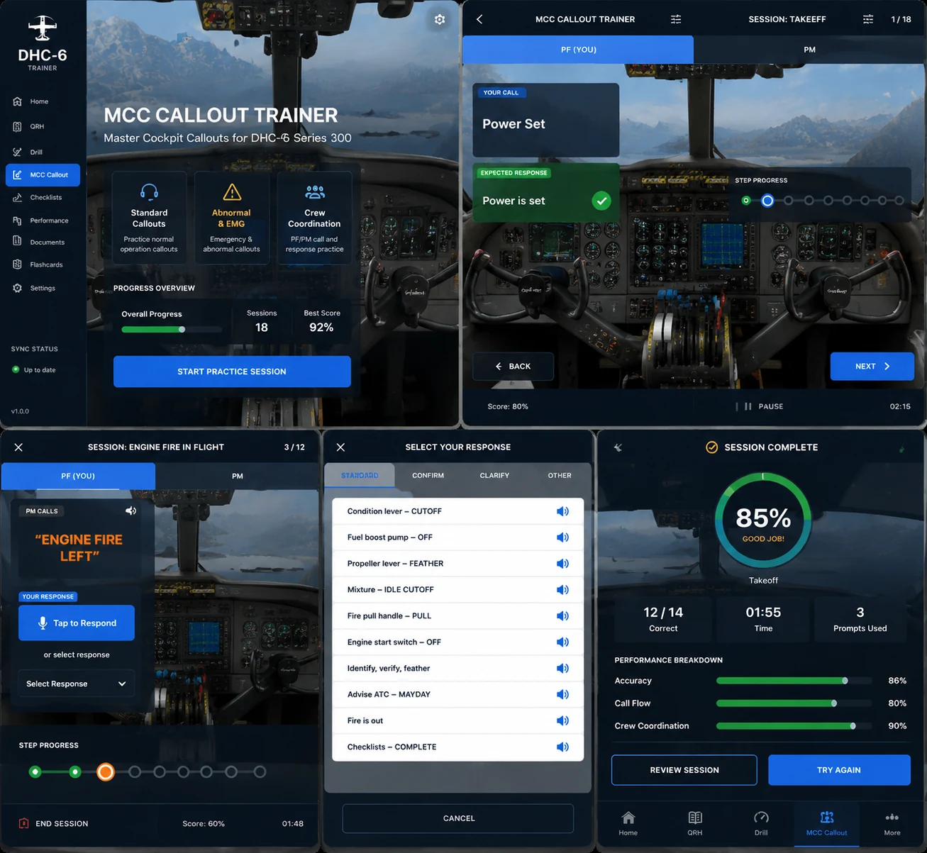 MCC callout trainer mockup with cockpit background, PF/PM callouts, response selection, and score summary